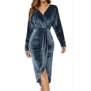 NEW V Neck Long Sleeve Ruched Velvet Cocktail Midi Dress M
